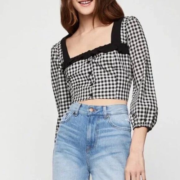 NWOT BCBGeneration Cropped Gingham Top Black White Medium - Picture 2 of 10